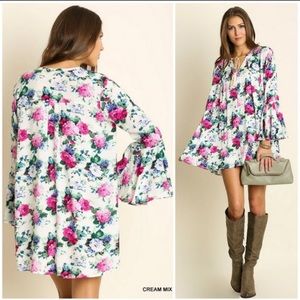 Umgee IVORY FLORAL Bell Sleeve Tassel Tie Dress